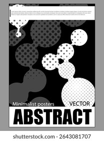 Abstract design showing black and white circular shapes with halftone patterns on a dark background, concept for modern minimalist posters. Vector illustration