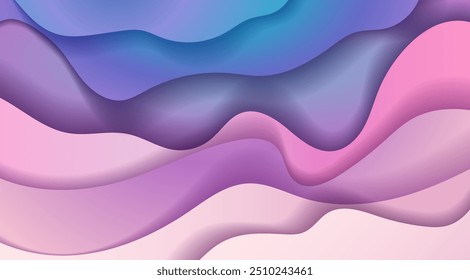 Diseño Abstractas que muestra patrones ondulados en capas en tonos púrpura, azul y rosa, contra un fondo de gradiente suave. Concepto de arte moderno y fluido. Ilustración vectorial