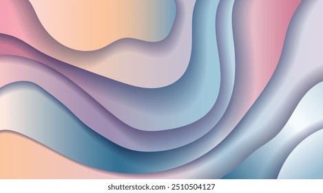 Abstract design showing layered wavy patterns in purple, blue, and pink shades, against a smooth gradient background. Concept of modern, fluid art. Vector illustration
