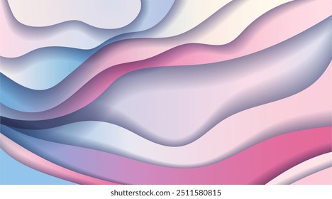 Diseño Abstractas que muestra patrones ondulados en capas en tonos púrpura, azul y rosa, contra un fondo de gradiente suave. Concepto de arte moderno y fluido. Ilustración vectorial