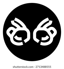 Abstract design showing two stylized hands creating the universal ok gesture, forming an interesting icon resembling a pair of glasses, set against a solid black circle background