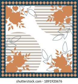 Abstract design for silk scarf, shawl, hijab, bandana and other textiles. Fashionable print with floral ornaments.
