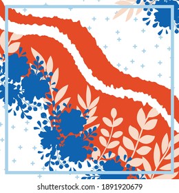 Abstract design for silk scarf, shawl, hijab, bandana and other textiles. Fashionable print with floral ornaments.