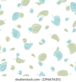 An abstract design of spots of moss green and teal adorned with green line art leaves and teal line art flowers are scattered across a white background to create a vector seamless repeat pattern.