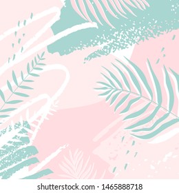 Abstract design with spots of paint and tropical monstera leaves and dypsis in pink and blue colors. Vector illustration