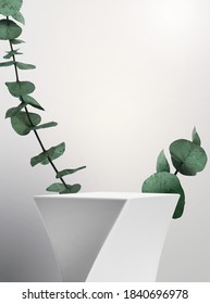 Abstract design stand with a plant on white background in 3d illustration for displaying new products for advertisement