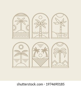 Abstract design summer logo template with palm trees. Modern minimal linear badge and emblem set for social media, vacations rentals and travel services.