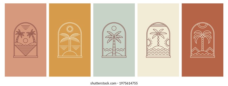 Abstract design summer logo template with palm trees. Modern minimal linear badge and emblem set for social media, vacations rentals and travel services. - Shutterstock ID 1975614755