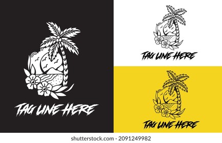 Diseño abstracto plantilla de logotipo de verano con palmeras. Banda lineal mínima moderna. negro vectorial y blanco