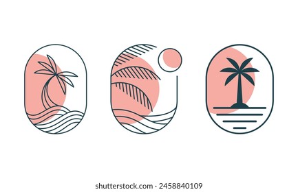 Abstract design summer logo template with palm trees. Modern minimal linear badge and emblem set for social media	