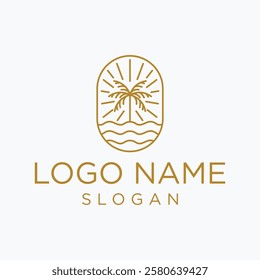 Abstract design summer logo template with palm trees. Modern minimal linear badge and emblem set for social media