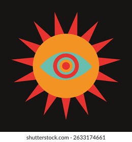 Diseño Abstractas con un motivo solar, con un ojo central. Los rayos del sol son rojos, rodeando un círculo naranja. El ojo tiene círculos concéntricos en azul y rojo. Vector gráfico retro.