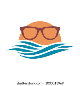 Abstract design of sun and sea icon.  Abstract travel logo with sun glasses. Vector image.