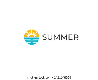 Abstract design of sun and sea logo. Ocean sun icon. Summer season logotype concept.