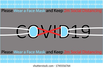 Diseño abstracto de una máscara quirúrgica con recomendaciones de usar una máscara facial y practicar distanciamiento social para detener la COVID-19. La distancia entre las letras O y D representa el distanciamiento social.