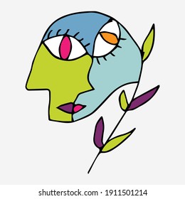 Abstract design of surreal face portrait. Hand drawn face with a hint of cubism in funky colors. Concept art can be used for fashion, beauty treatment, health, and mental wellbeing.