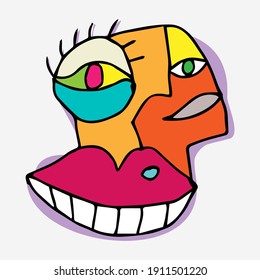 Abstract design of surreal face portrait. Hand drawn face with a hint of cubism in funky colors. Concept art can be used for fashion, beauty treatment, health, and mental wellbeing.