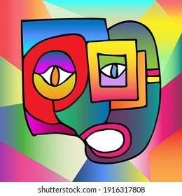 Abstract design of surreal face portrait. Hand drawn face with a hint of cubism in funky colors. Concept art can be used for fashion, beauty treatment, health, and mental wellbeing.