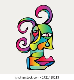 Abstract design of surreal face portrait. Hand-drawn face with a hint of cubism in funky colors. Concept art can be used for fashion, beauty treatment, health, non-gender, and mental wellbeing.