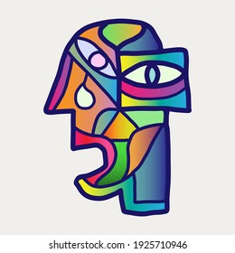 Abstract design of surreal face portrait. Hand-drawn face with a hint of cubism in funky colors. Concept art can be used for fashion, beauty treatment, health, non-gender, and mental wellbeing.