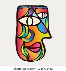 Diseño abstracto de retrato facial surrealista. Cara dibujada a mano con un toque de cubismo en colores divertidos. El arte conceptual se puede usar para la moda, el tratamiento de belleza, la salud y el bienestar mental.