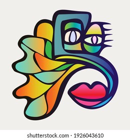 Abstract design of surreal face portrait. Hand-drawn face with a hint of cubism in funky colors. Concept art can be used for fashion, beauty treatment, health, and mental wellbeing.
