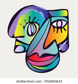 Abstract design of surreal face portrait. Hand-drawn face with a hint of cubism in funky colors. Concept art can be used for fashion, beauty treatment, health, and mental wellbeing.