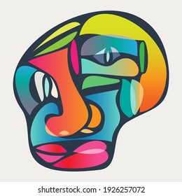 Abstract design of surreal face portrait. Hand-drawn face with a hint of cubism in funky colors. Concept art can be used for fashion, beauty treatment, health, and mental wellbeing.