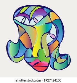 Abstract design of surreal face portrait. Hand-drawn face with a hint of cubism in funky colors. Concept art can be used for fashion, beauty treatment, health, and mental wellbeing.