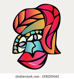 Abstract design of surreal face portrait. Hand-drawn face with a hint of cubism in funky colors. Concept art can be used for fashion, beauty treatment, health, and mental wellbeing.