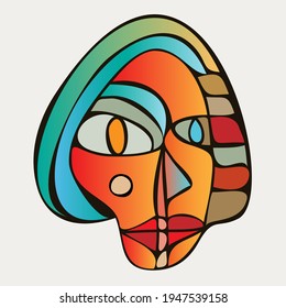 Abstract design of surreal face portrait. Hand-drawn face with a hint of cubism in funky colors. Concept art can be used for fashion, beauty treatment, health, and mental wellbeing.