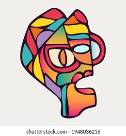 Diseño abstracto de retrato facial surrealista. Cara dibujada a mano con un toque de cubismo en colores divertidos. El arte conceptual se puede usar para la moda, el tratamiento de belleza, la salud y el bienestar mental.