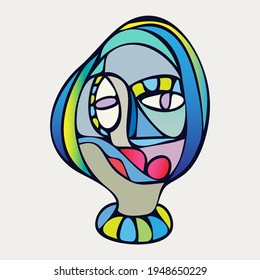 Abstract design of surreal face portrait. Hand-drawn face with a hint of cubism in funky colors. Concept art can be used for fashion, beauty treatment, health, and mental wellbeing.