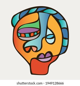 Abstract design of surreal face portrait. Hand-drawn face with a hint of cubism in funky colors. Concept art can be used for fashion, beauty treatment, health, and mental wellbeing.