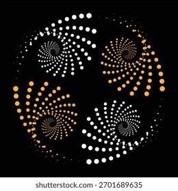 Diseño Abstractas con puntos arremolinados en blanco y oro sobre un fondo negro que crea un Vector de EPS visualmente dinámico y moderno
