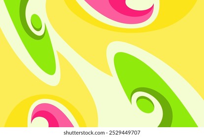 abstract design with swirling green and pink elements on a yellow background, perfect for cheerful and dynamic projects.