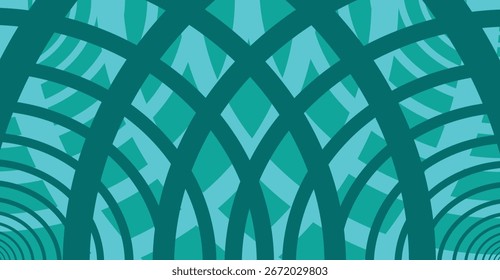 Abstract design with teal and dark teal concentric arches and lines creating a complex pattern.
