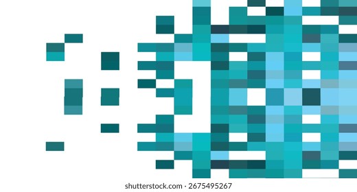 Diseño Abstractas de cuadrados azulados y turquesas sobre fondo blanco.  Los píxeles están dispuestos en un patrón dinámico.