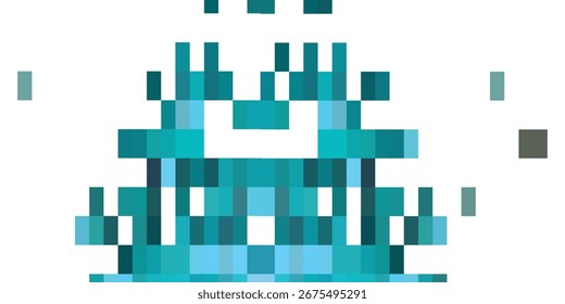 Abstract design of teal-colored pixelated shapes on a white background.