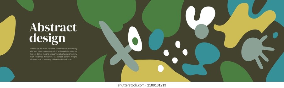 Abstract design template. Colorful vector shapes, geometric collage of blob, scribble, circle, spot. Contemporary art. Text and graphic elements. Web banner, horizontal illustration black background