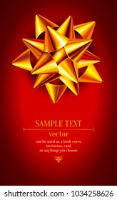 Abstract design template decorated with gold ribbon and bow on red background. Layout for wedding invitation, birthday or other holidays designs and gift voucher. Vector illustration. EPS 10