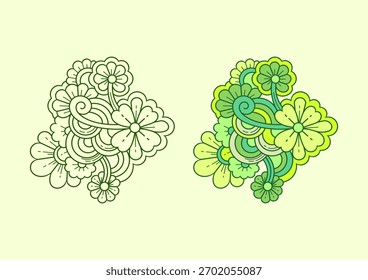 Abstract design template featuring zentangle floral ornaments in a line art style, with a mix of green colors. Suitable for children's coloring practice.