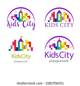 Set von Vektorgrafiken von Logos für die Kinderstadt, Kinder Stadt der bunten Pixel mit Regenbogen. Kleine Burgen und Türme. Logo, Piktogramm Spielplatz, Kinderzone, Spielwarenladen, Vorschule, Baby.