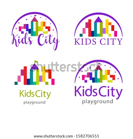 Abstract design template logo, icon or sign kids city, playground, kids zone or kindergarten from colorful pixels with rainbow. Symbol kids castle and tower for toy store, preschool, baby club. Vector