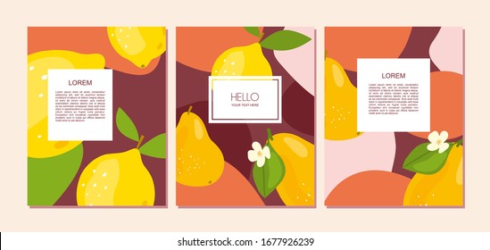  Abstract design templates with pear and lemon. Set of template. Covers, invitations, flyers, newsletter, poster, greeting cards, packaging. Vector  Hand drawn illustration.