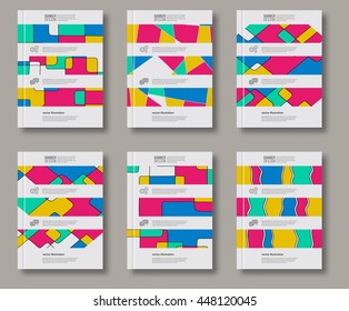 Conjunto de plantillas de diseño abstracto. Folletos de formas de color inusuales estilo. Marcos y fondos antiguos. Ilustración vectorial.