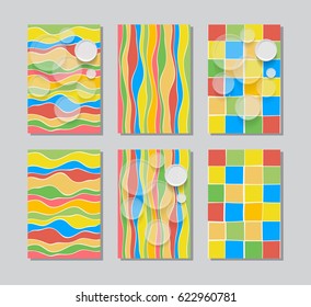 Abstract design templates set. Brochures unusual color shapes style. Vintage frames and backgrounds. Vector Illustration.