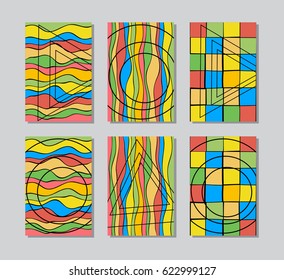 Abstract design templates set. Brochures unusual color shapes style. Vintage frames and backgrounds. Vector Illustration.