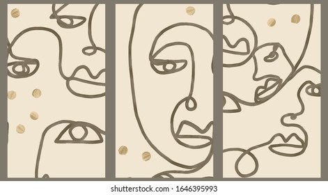 Abstract design templates for social media stories with with one line face portrait. Continuous drawing. Creative backgrounds in minimal trendy style. 
