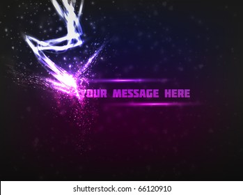 Abstract design of text being struck by bright lightning, releasing a lot of energy. Dark violet background is used